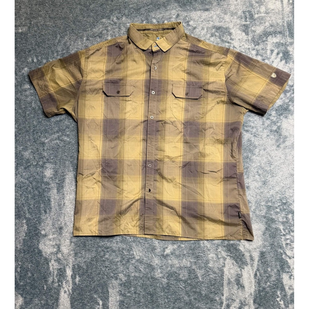 Kuhl Men's Casual Button-Down Short Sleeve Plaid Shirt XXL Olive Brown Polyester